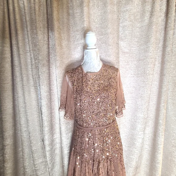 Mac‎ Duggal 93655 Rosewood Cape Sleeve Beaded Tea Length A-Line Midi Dress Sz 10 - Picture 3 of 11